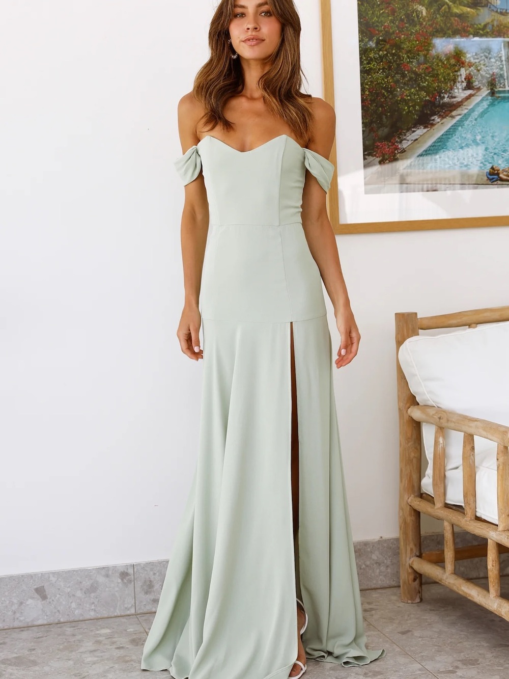 Hello Molly Sage Green Off-Shoulder Maxi Dress with Front Slit